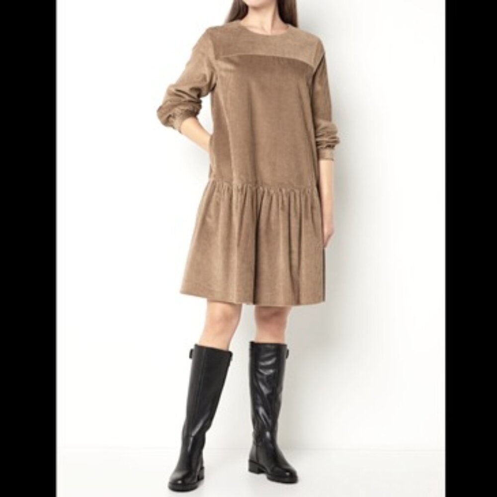 WEEKEND MAX MARA Pancone Tiered Corduroy Mini Dress Size 16 Brown